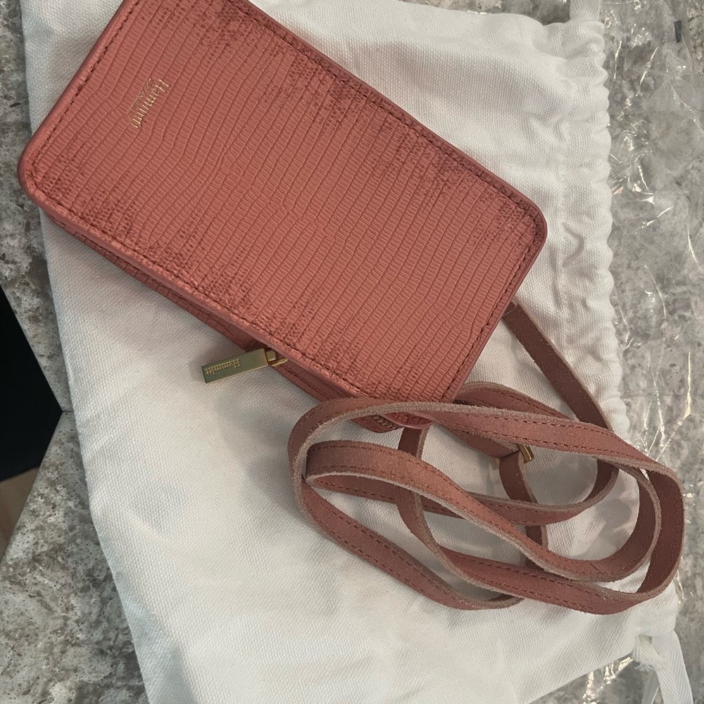 Hammitt Cellphone and card crossbody, pink tile leather with strap and dustbag.